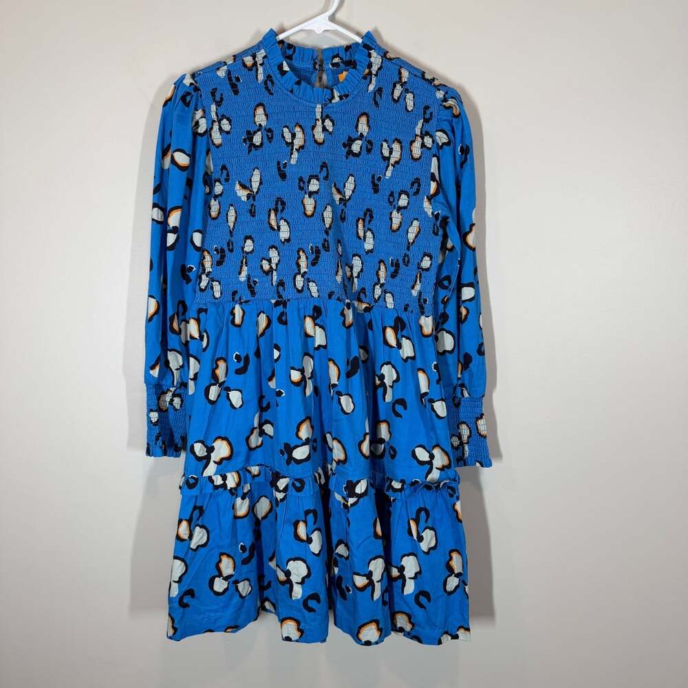 Briton Court Blue Animal Print Smocked Long Sleeve Tiered Mini Dress Small